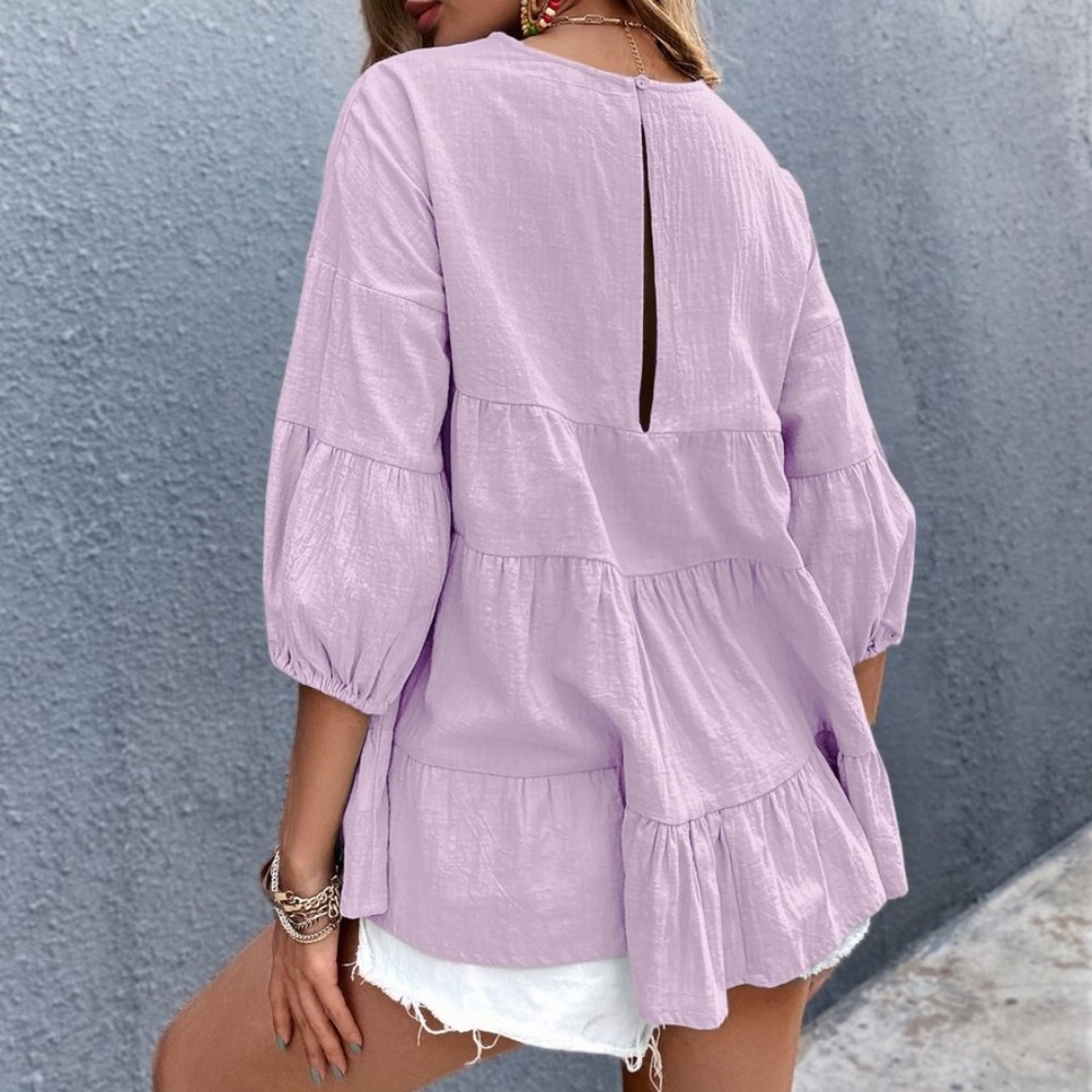 Boho Layered Ruffle 3/4 sleeve Oversized Top Lilac - Picture 6 of 12